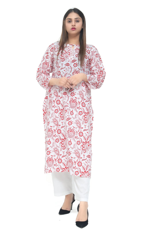 White & Red Kurta Set