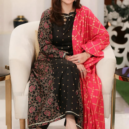 Black & Pink Lotus Printed Full Kurta Set with Dupatta & Tassel