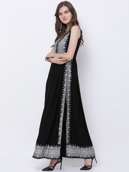 Black silver printed long kurta, Sleeves  separate attatch