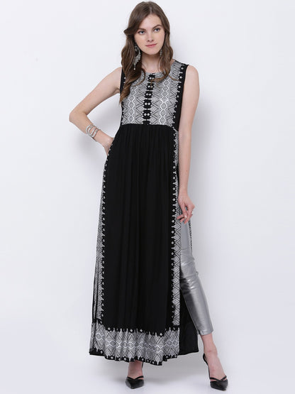 Black silver printed long kurta, Sleeves  separate attatch