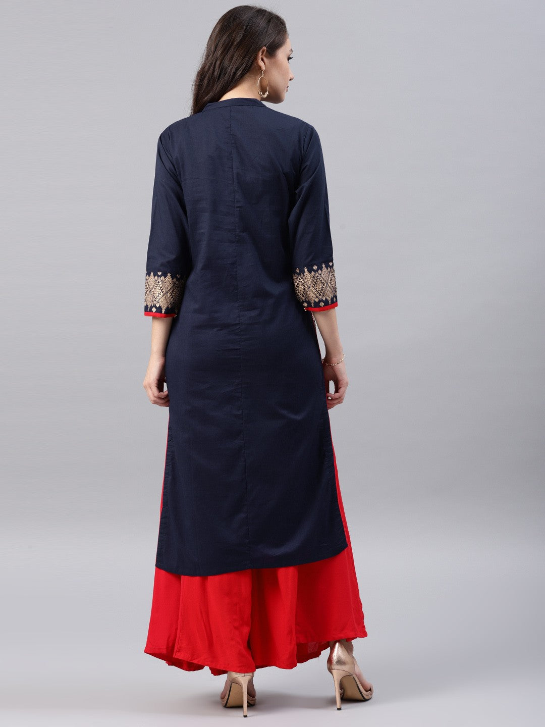 Women Navy Blue & Red Yoke Design Straight Kurta only