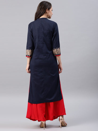 Women Navy Blue & Red Yoke Design Straight Kurta only