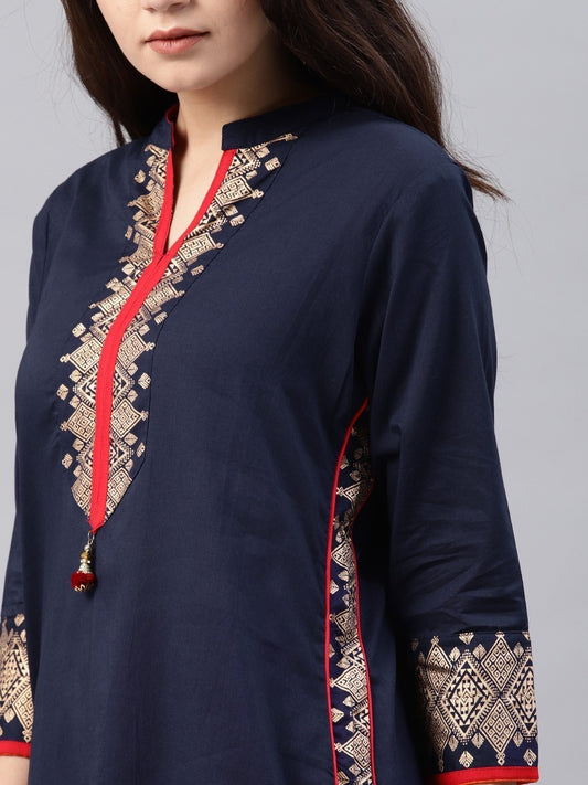 Women Navy Blue & Red Yoke Design Straight Kurta only