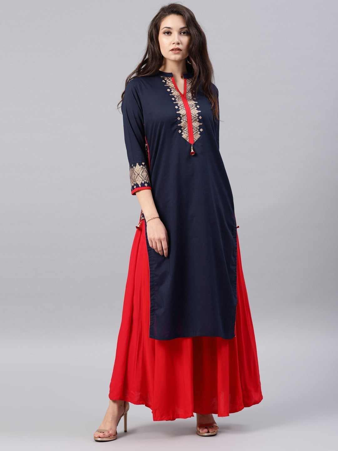 Women Navy Blue & Red Yoke Design Straight Kurta only