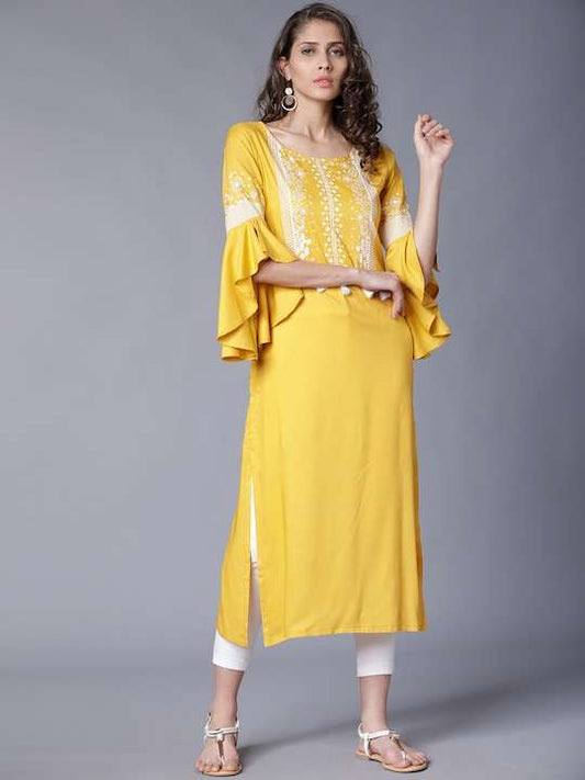 Mustard White Print Long Kurta