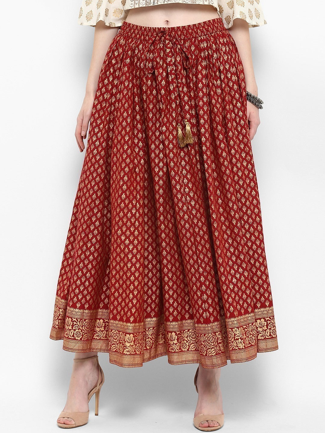 Women Maroon Printed Flared Maxi Skirt