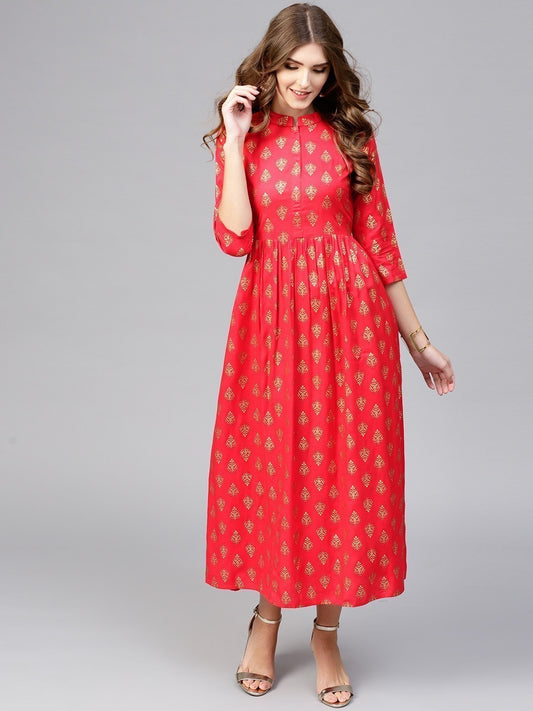 Women Red & Golden Block Print Fit & Flare Dress