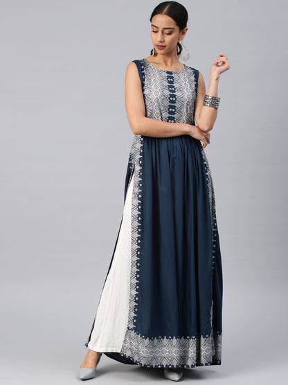 Navy Blue printed long kurta, Sleeves separate attatch