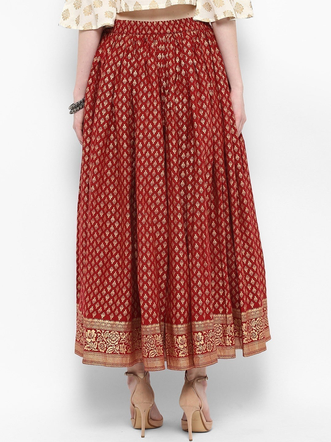 Women Maroon Printed Flared Maxi Skirt