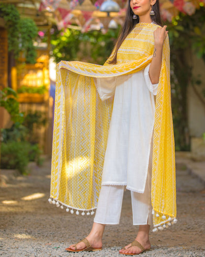 Ivory Suit With Chiffon Dupatta- Set Of Three