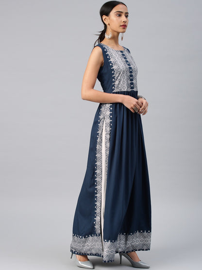 Navy Blue printed long kurta, Sleeves separate attatch