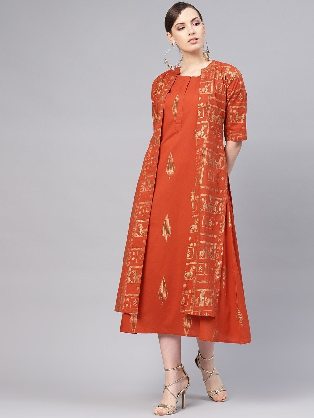 Women Rust Orange & Golden Block Print Maxi Dress with Ethnic Jacket