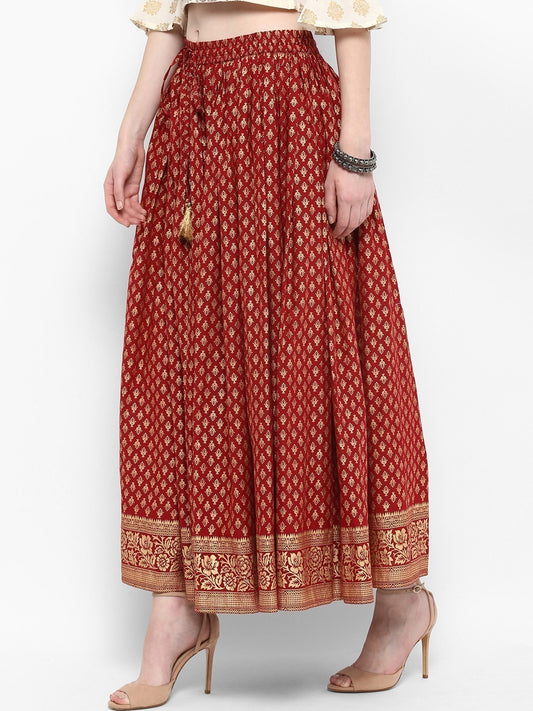 Women Maroon Printed Flared Maxi Skirt