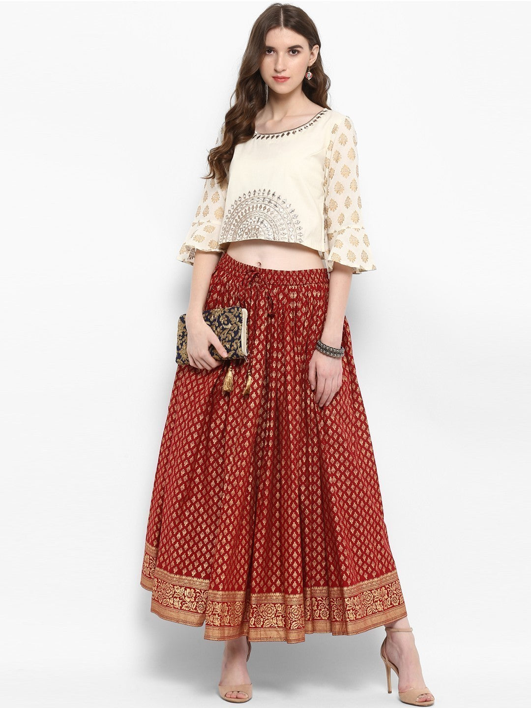 Women Maroon Printed Flared Maxi Skirt