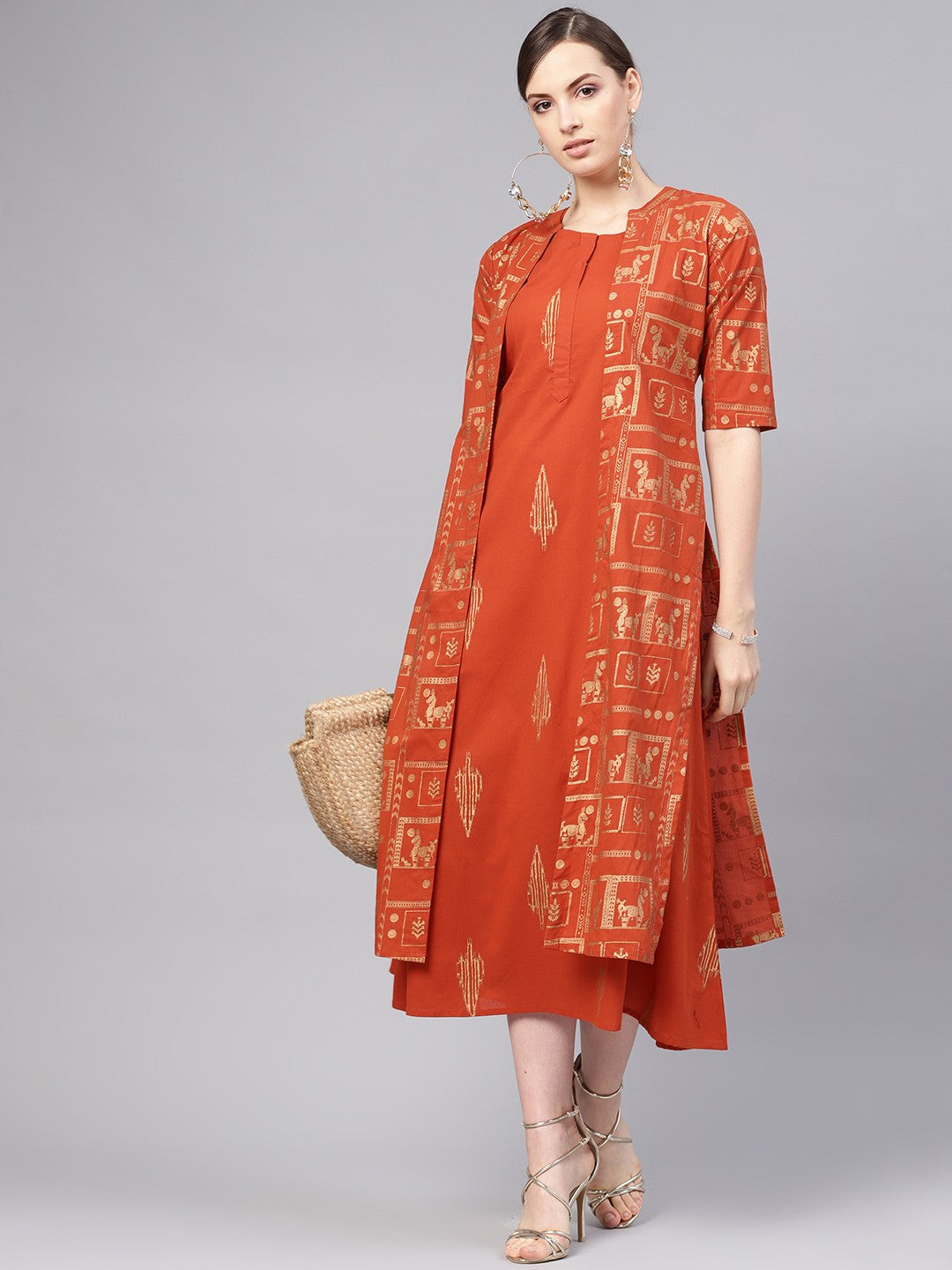 Women Rust Orange & Golden Block Print Maxi Dress with Ethnic Jacket